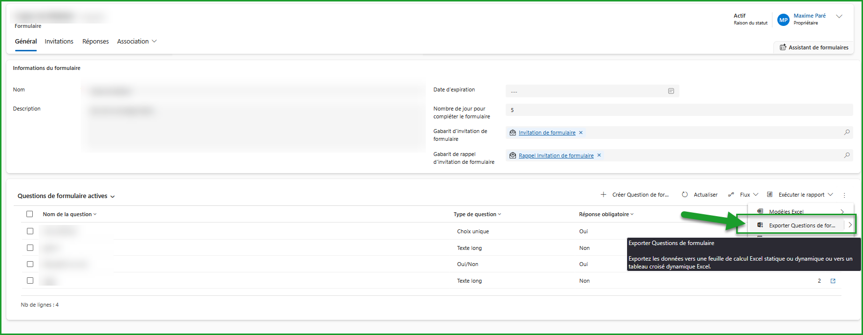 Exemple de tableau de réponses