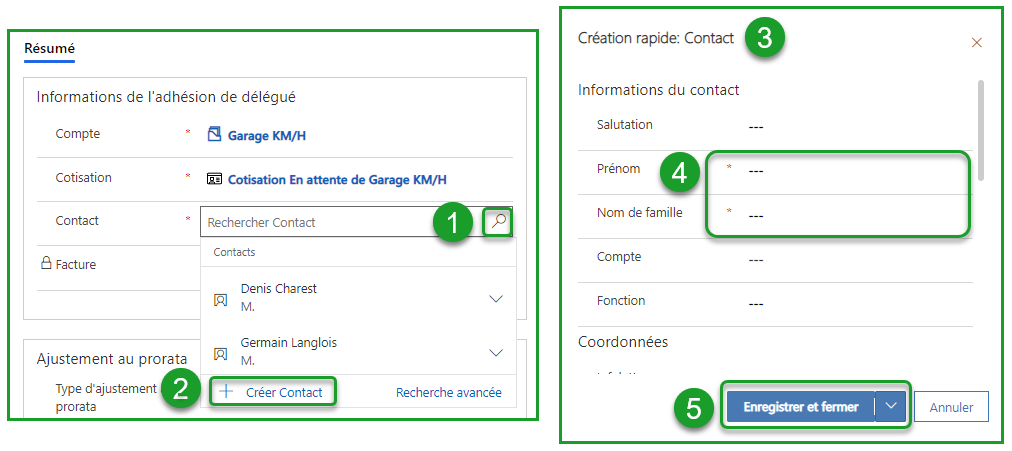 Créer ou choisir le nouveau contact