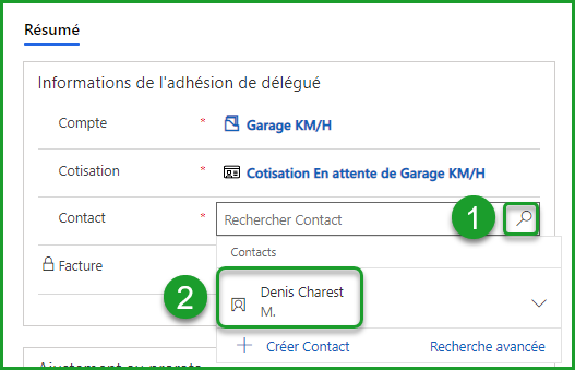 Créer ou choisir le nouveau contact