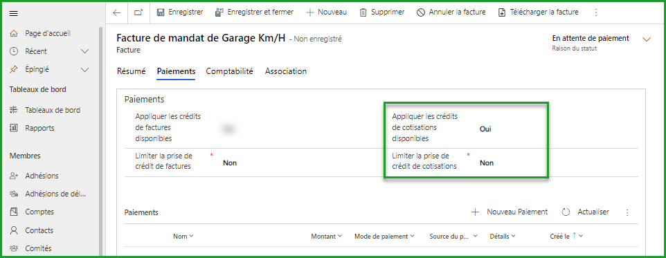 Appliquer les crédits de cotisations