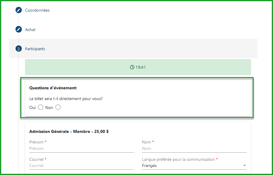 Question de l'événement sur la billetterie en ligne