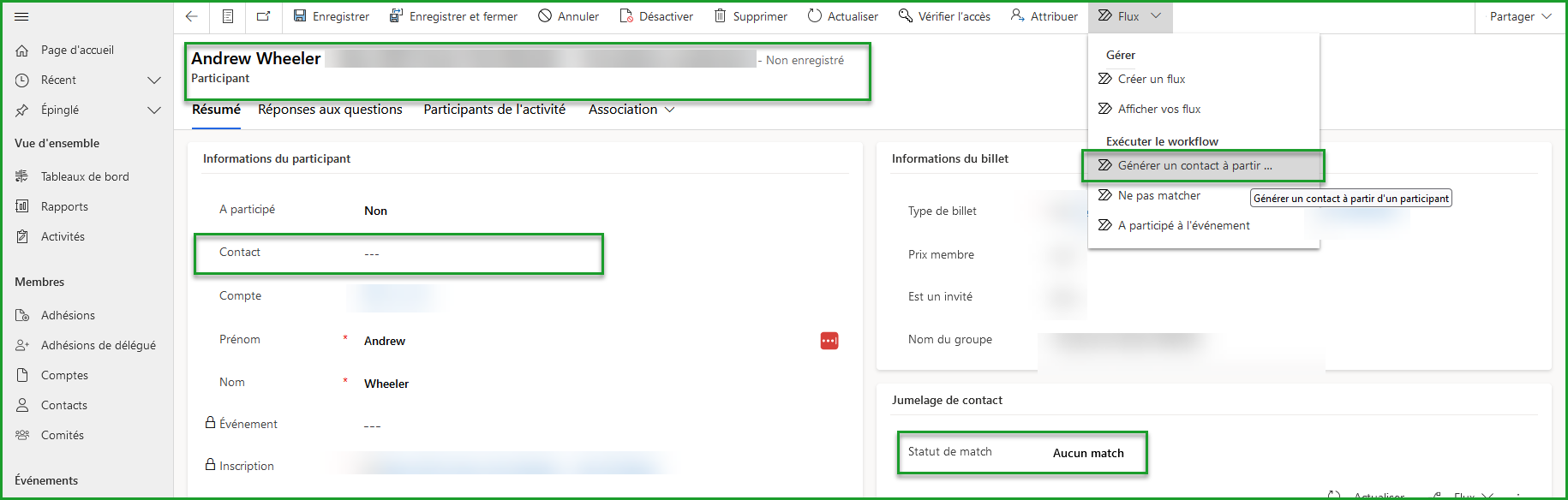 Flux sur une fiche de participant
