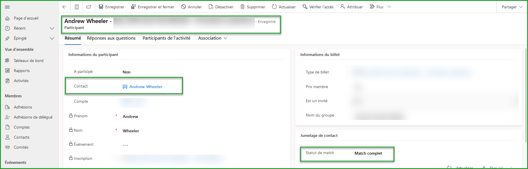 Vérification de la création du contact sur fiche de participant