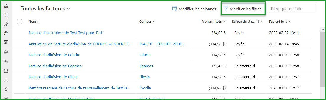 Modifier les filtres