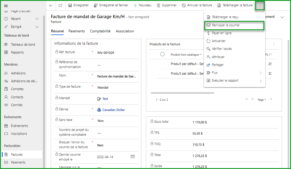 Renvoyer une facture