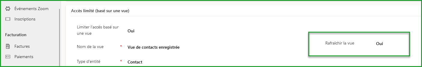 Rafraîchir la vue de l'accès limité