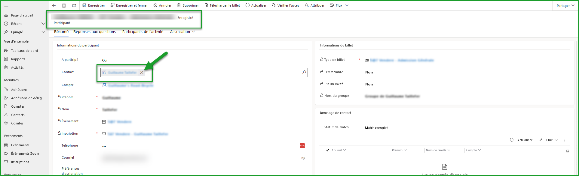 Supprimer un contact de la fiche d'un participant